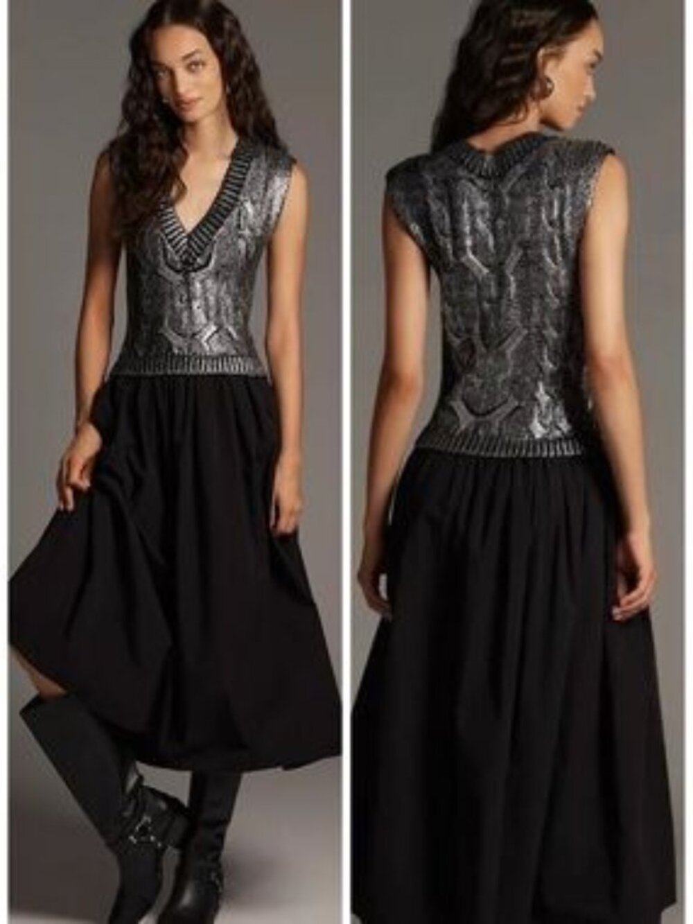 Pilcro Sleeveless V-Neck Foil Twofer Midi Dress